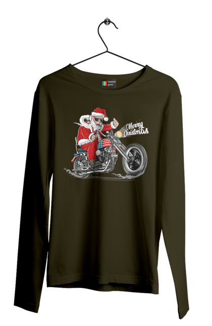 Чоловічий лонгслів з принтом "Санта в окулярах на мотоциклі". Байкер, дід мороз, зима, мотоцикл, новий рік, різдво, санта, санта клаус, сніг, щасливого різдва. 2070702