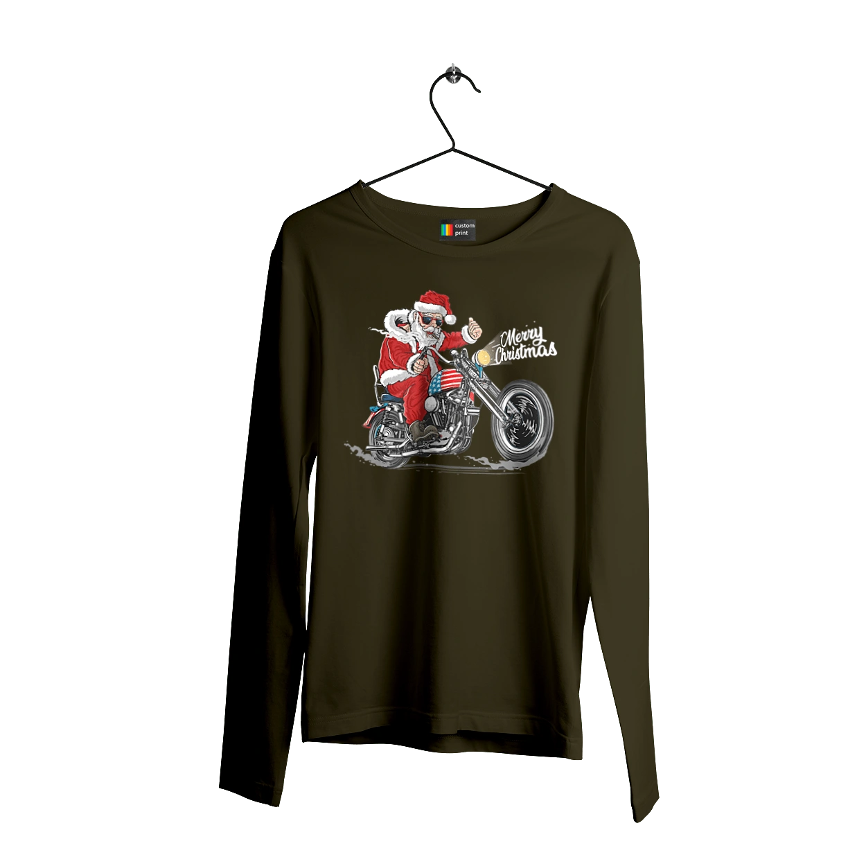 Santa in glasses on a motorcycle