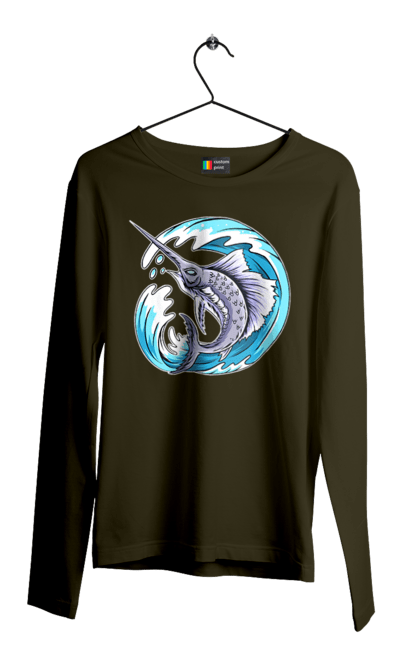 Мужской лонгслив с принтом Рыба Меч И Волна. Волна, рыба-меч. 2070702