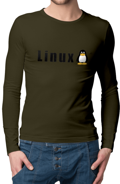 Men`s longsleeve with prints Linux. Administrator, availability, black, commercial, free, freedom, independence, is free, it, it specialist, linux, operating system, os, penguin, programmer, server, software, sysadmin, sysop, system, system administrator, text. 2070702