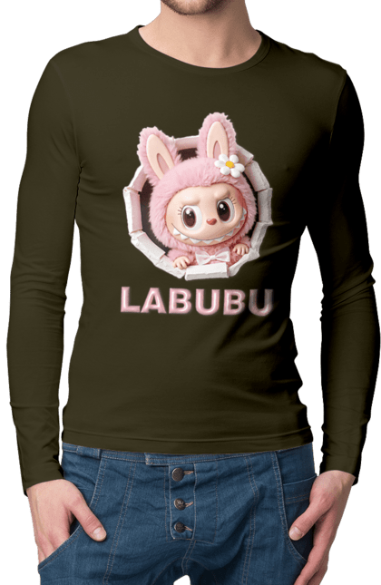 Чоловічий лонгслів з принтом "Лабубу". Іграшка лабубу, лабубу, лабубу кока кола, мерч лабубу, мила, рожева лабубу, смішна лабубу. 2070702