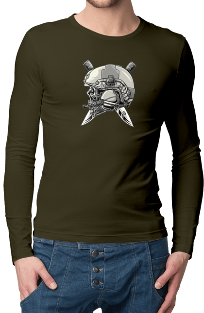 Чоловічий лонгслів з принтом "Череп пілота". Військовий, захисник, ніж, пілот, череп, шолом. 2070702