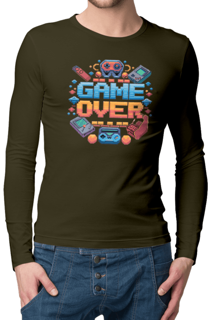 Чоловічий лонгслів з принтом "Game Over". 90 ті, ай ті, відео гра, геймер, гра, для геймерів, для гравців, піксель арт. 2070702