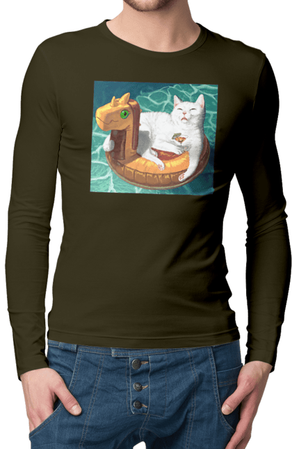 Чоловічий лонгслів з принтом "Білий кіт у плавальному колі, на відпочинку". Басейн, відпочинок, кіт, коктейль, море, плавальний круг. 2070702