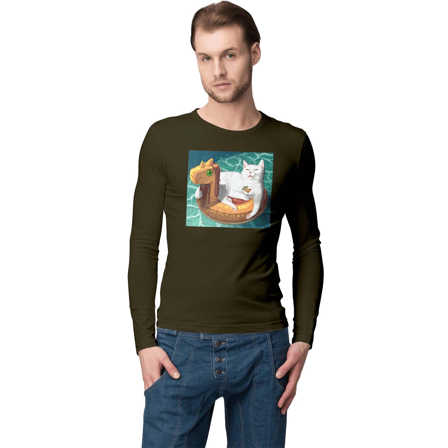 White cat in a swimming circle on vacation