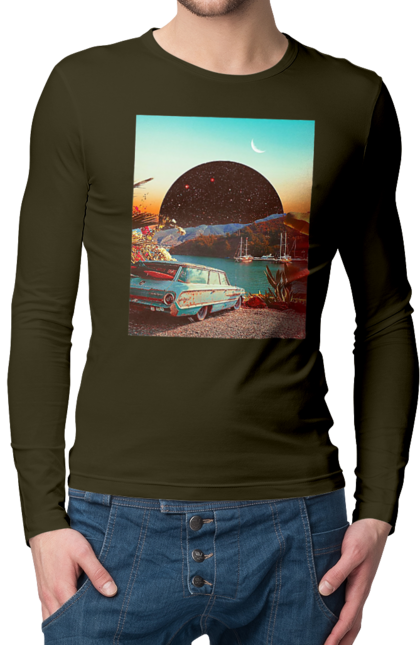 Чоловічий лонгслів з принтом "Картина, машина біля річки". Картина, машина, планета, прикол, ретро, річка. 2070702