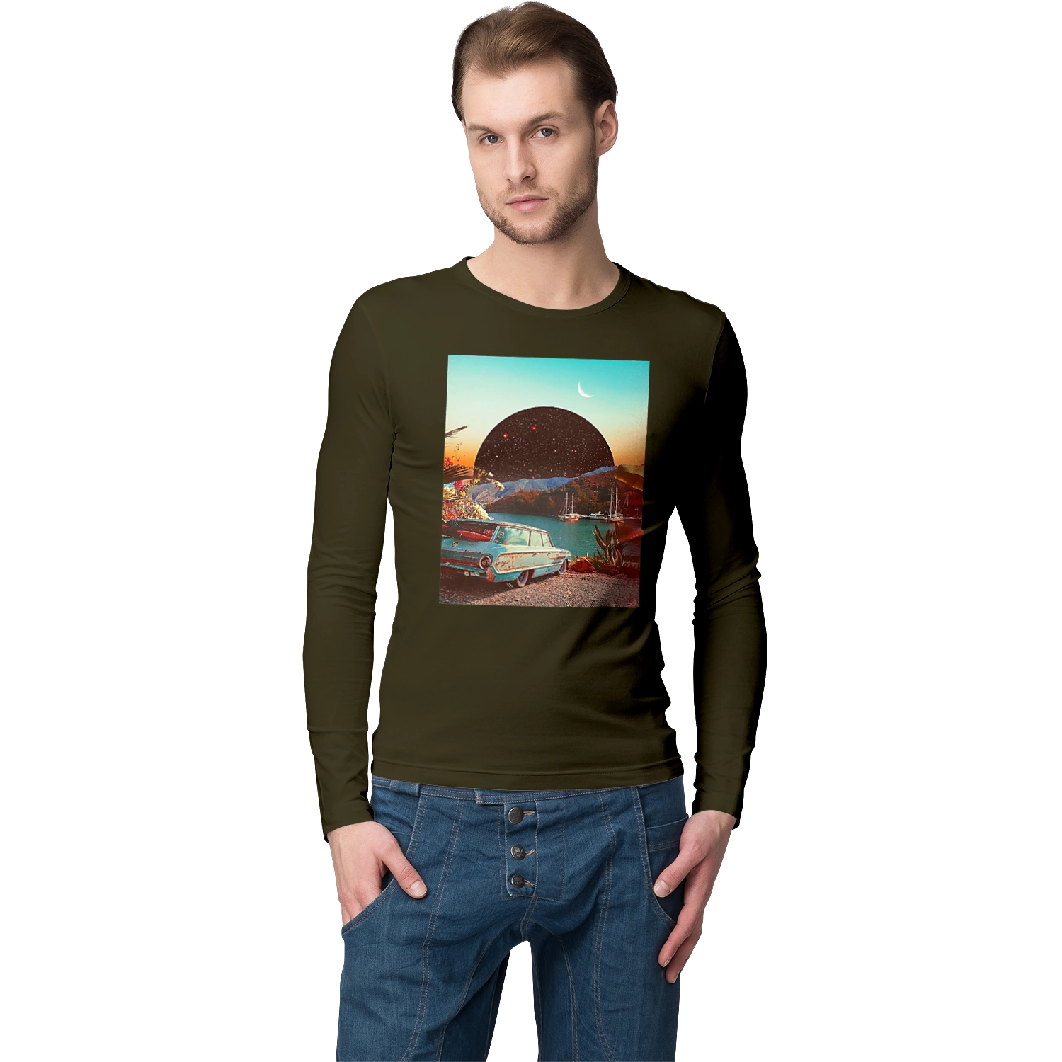 Painting, car by the river