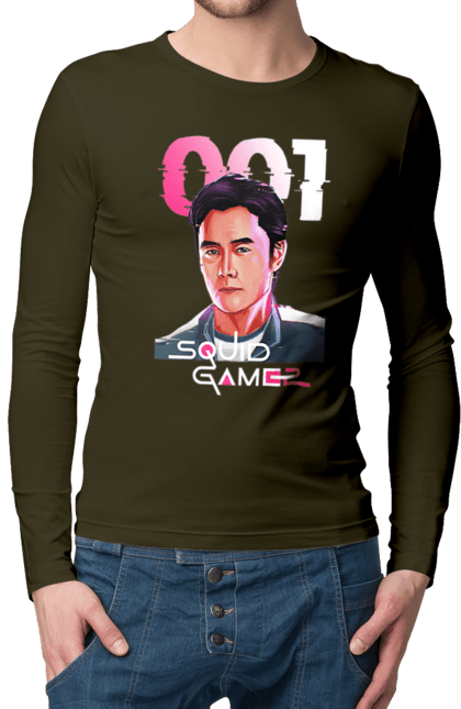 Чоловічий лонгслів з принтом "Гра в кальмара Хван Ін Хо". 001, front man, netflix, squid game, гра в кальмара, гравець 001, нетфлікс, серіал, фронтмен, хван ін хо. 2070702
