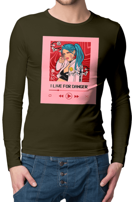 Men`s longsleeve with prints I Live For Danger. Anime, music, pistol, turntable. 2070702