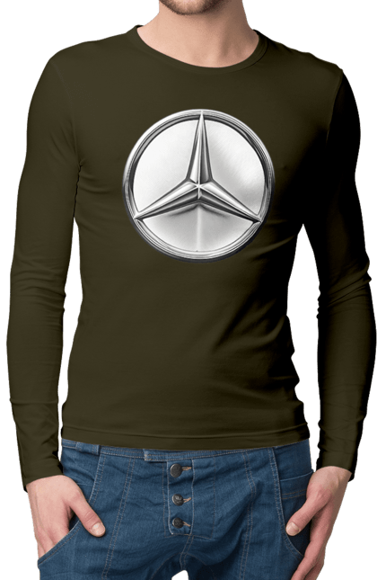 Чоловічий лонгслів з принтом "Mercedes Benz Лого Металік". Авто, автомобіль, логотип мерседес, машини, мерс, мерседес. 2070702