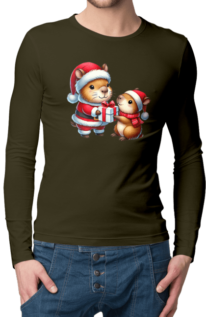 Men's longsleeve with prints Christmas Capybara with a Gift. Animal, capybara, christmas, christmas capybara, gift, holiday, new year, new year`s gift, santa. 2070702