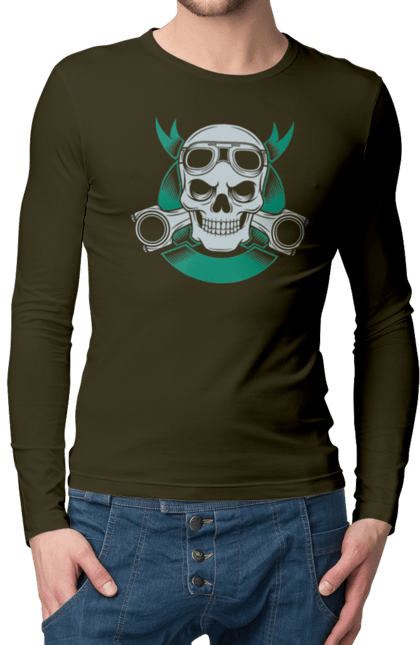 Чоловічий лонгслів з принтом "череп мотолюбитель". Байк, мото, окуляри, череп. 2070702