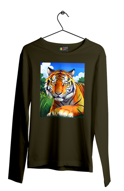 Чоловічій лонгслів з принтом "Тигр у квітах". Тигр, тигр на природі, тигр у квітах. CustomPrint.market