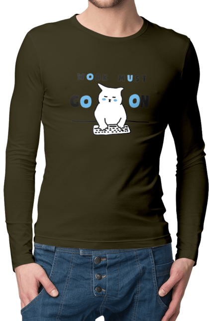 Men`s longsleeve with prints Work must go on. Cat, cats, work. 2070702