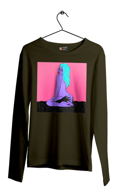 Чоловічий лонгслів з принтом "Фіолетова Дівчина В Руках". Дівчина, інопланетянка, сидить. 2070702