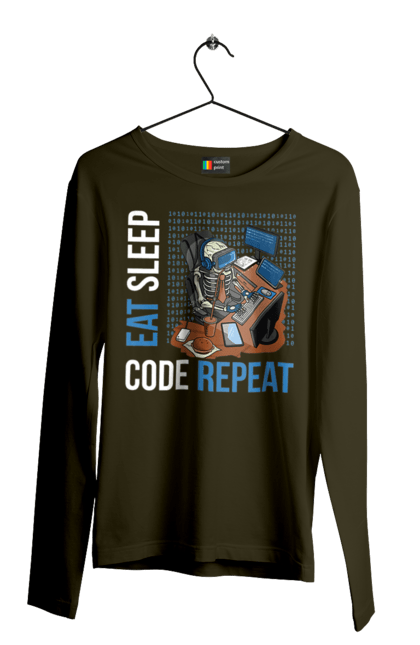 Чоловічий лонгслів з принтом "Їж Cпи Кодуй Повторюй". Айті, айтішник, для айтішника, для програміста, їж спи, кодуй повторюй, подарунок айтішнику, подарунок програмісту, програміст, розробник. 2070702