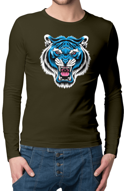 Чоловічій лонгслів з принтом "Блакитний тигр". Блакитний тигр, голова тигра, тварини, тигр. CustomPrint.market
