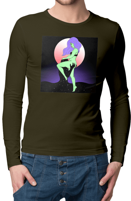 Чоловічий лонгслів з принтом "Зелена Дівчина І Місяць". Інопланетянка, місяць. 2070702