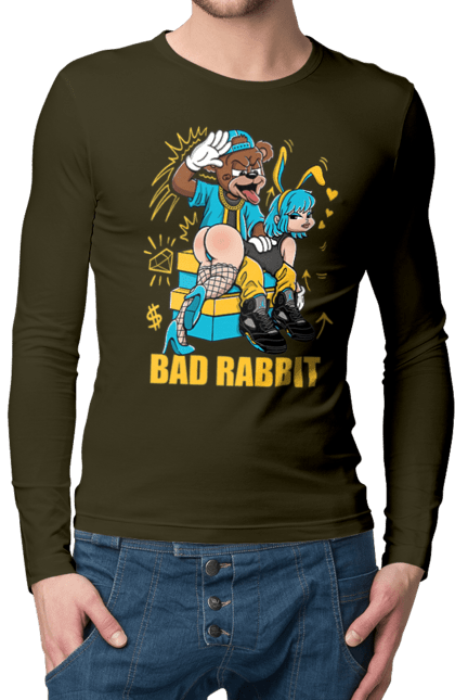 Мужской лонгслив с принтом Плохой кролик. Бдсм, девушка, кролик, медведь, плохой кролик, прикольная, смешная. 2070702