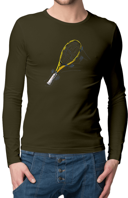 Чоловічий лонгслів з принтом "Ракетка Великий теніс". Великий теніс, гравці, грунт, м`яч, призовий фонд, ракетка, спонсор, турнір на ґрунті, турнірна сітка. 2070702