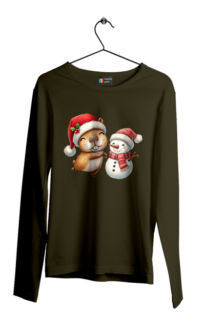 Men's longsleeve with prints Capybara and Snowman. Animal, capybara, christmas, christmas capybara, gift, holiday, new year, new year`s gift, santa, snowman. 2070702