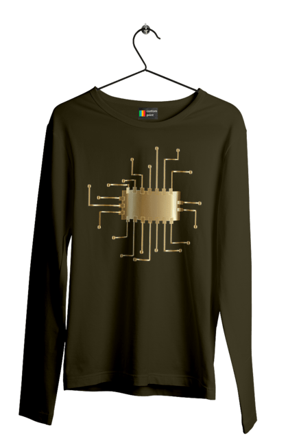 Чоловічий лонгслів з принтом "Золотий Чіп". Айті, айтішник, гик, золотий, золото, інженер, кібернетика, код, комп, комп’ютерник, кристал, мікросхема, програміст, професія, розробник, чіп. 2070702