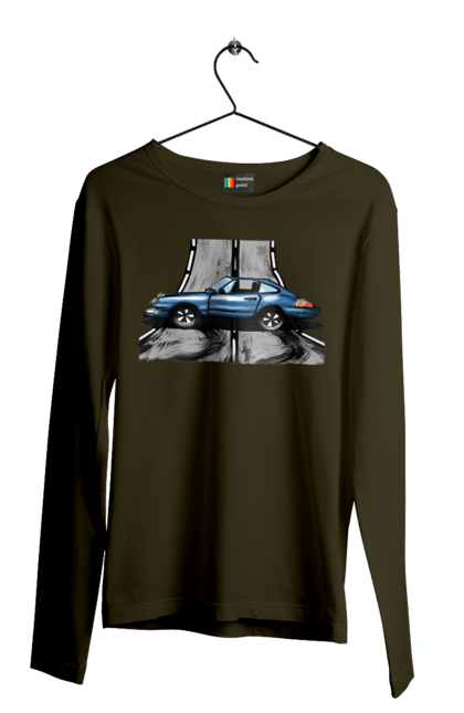Чоловічий лонгслів з принтом "Спортивний Автомобіль На Дорозі". Автомобіль, гонки, синій, спортиного, швидкий, швидкісний. 2070702