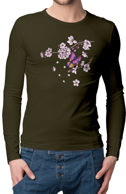 Чоловічий лонгслів з принтом "Метелик І Сакура". Весна, дерево, метелик, сакура. 2070702