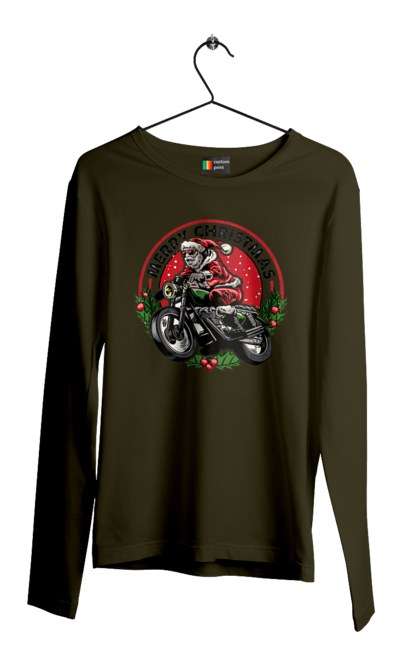 Чоловічий лонгслів з принтом "Щасливого Різдва, дід мороз на мотоциклі". 2022, дід мороз, зима, мотоцикл, новий рік, подарунки, різдво, санта, сніг. 2070702