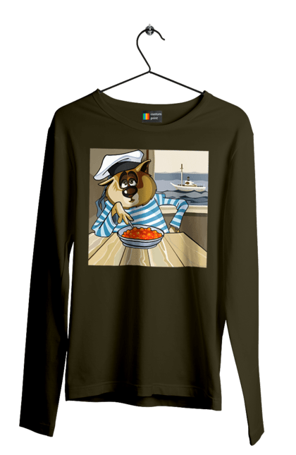 Мужской лонгслив с принтом Кот Моряк, На Корабле Ест Красную Икру. Икра, корабль, кот, моряк. 2070702