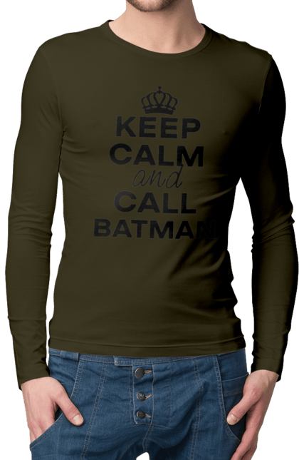Чоловічий лонгслів з принтом "Keep Calm and Call Batman чорна". Бетмен, з написами, зберігай спокій, меми, популярні, прикольні. 2070702