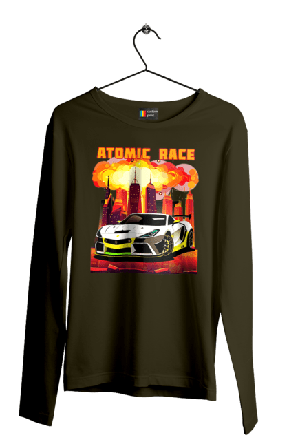 Чоловічий лонгслів з принтом "Атомна гонка". Авто, автомобіль, атомні перегони, гонки, гоночні машини, спортивна машина, спорткар. 2070702
