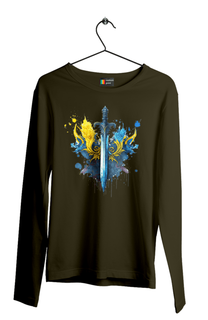 Чоловічий лонгслів з принтом "Меч в українському стилі". Герб, меч, перемога, прапор, символ україни, тризуб, україна. 2070702