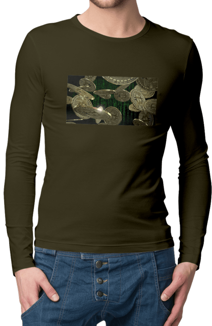 Чоловічий лонгслів з принтом "Біткойн". Багатство, біткойн, валюта, гроші, криптовалюта, курс, майнінг, матриця, монета, розкіш, цифровий світ. 2070702