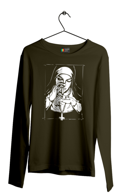 Чоловічий лонгслів з принтом "Монашка нюхає порошок". Крута, метал, модна, молодіжна, популярна, рок, хрест, черниця, черниця нюхає порошок. 2070702