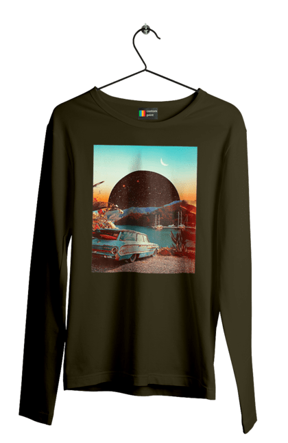Чоловічий лонгслів з принтом "Картина, машина біля річки". Картина, машина, планета, прикол, ретро, річка. 2070702