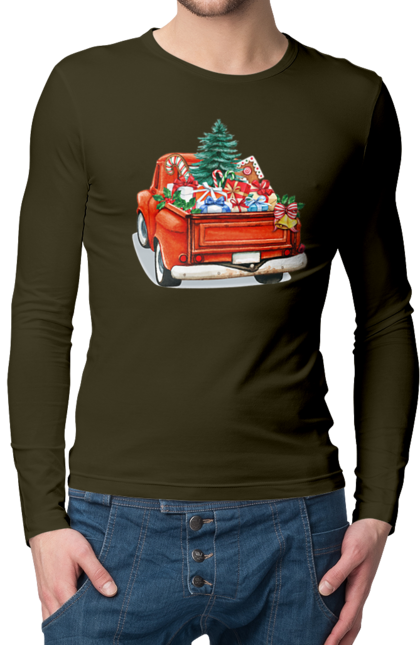Чоловічий лонгслів з принтом "Авто з подарунками". Автомобіль, новий рік, подарунки, різдво, санта, ялинка. 2070702