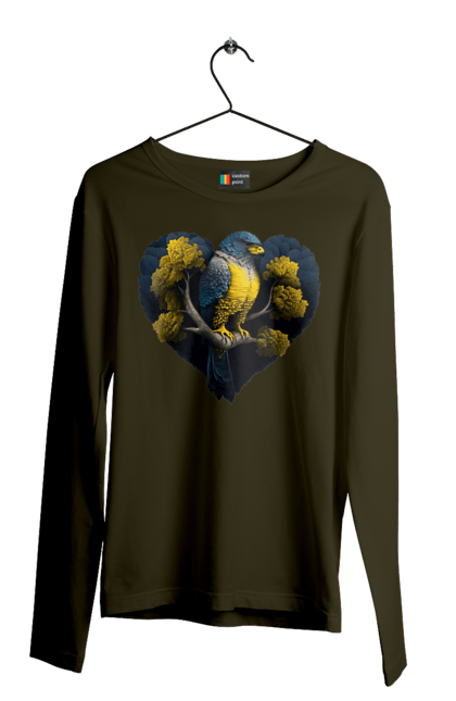 Men`s longsleeve with prints Blue and yellow falcon. Falcon, flag of ukraine, heart, symbol of ukraine, tree, ukraine. 2070702