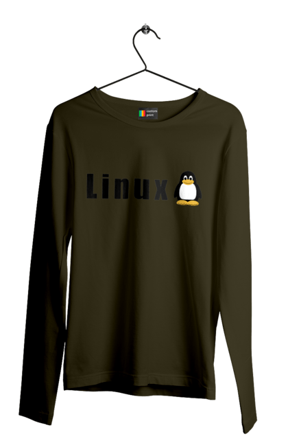 Men`s longsleeve with prints Linux. Administrator, availability, black, commercial, free, freedom, independence, is free, it, it specialist, linux, operating system, os, penguin, programmer, server, software, sysadmin, sysop, system, system administrator, text. 2070702