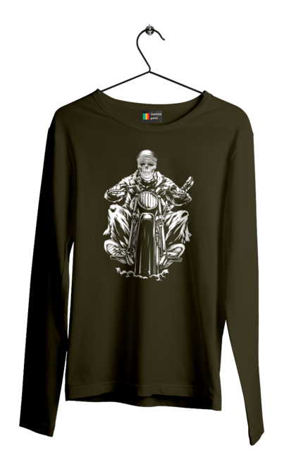 Men`s longsleeve with prints Skull on a motorcycle. Biker, motorcycle, skeleton, skull. 2070702