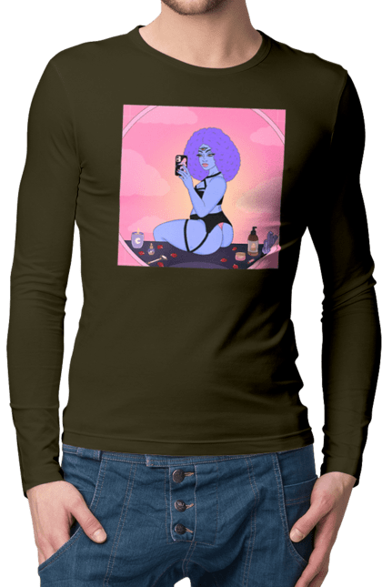 Чоловічий лонгслів з принтом "Фіолетова Дівчина Фото У Дзеркалі". Білизна, дзеркало, фото. 2070702