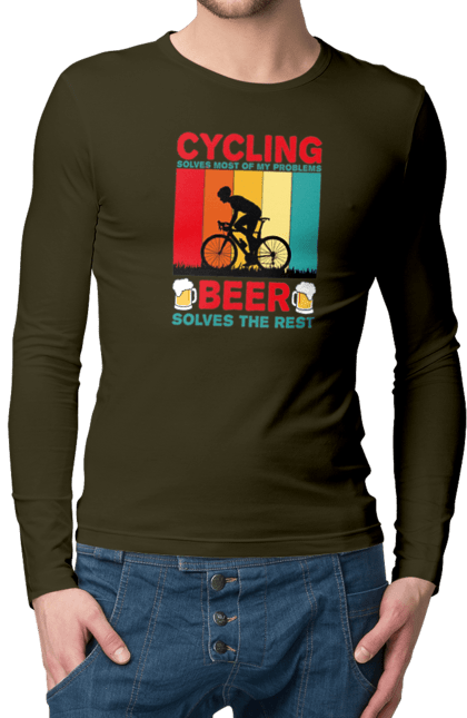 Чоловічий лонгслів з принтом "Cycling Beer". Алкоголь, брутальні, велосипед, веселі, для спортсменів, літні, пиво, спорт, чоловічі. 2070702