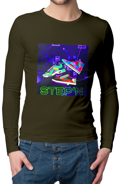 Мужской лонгслив с принтом Step'n. Виртуальные кроссовки, крипта, криптовалюты, нфт, нфт кроссовки, солана, степн. 2070702
