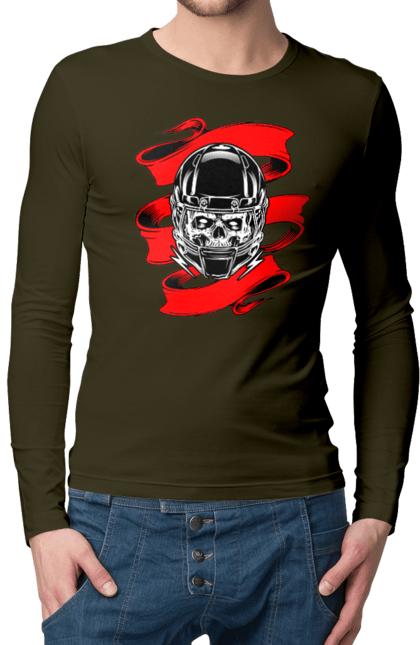 Men`s longsleeve with prints Skull in a motorcycle helmet. Helmet, moto, skull, tape. 2070702