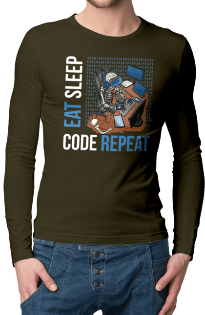 Чоловічий лонгслів з принтом "Їж Cпи Кодуй Повторюй". Айті, айтішник, для айтішника, для програміста, їж спи, кодуй повторюй, подарунок айтішнику, подарунок програмісту, програміст, розробник. 2070702