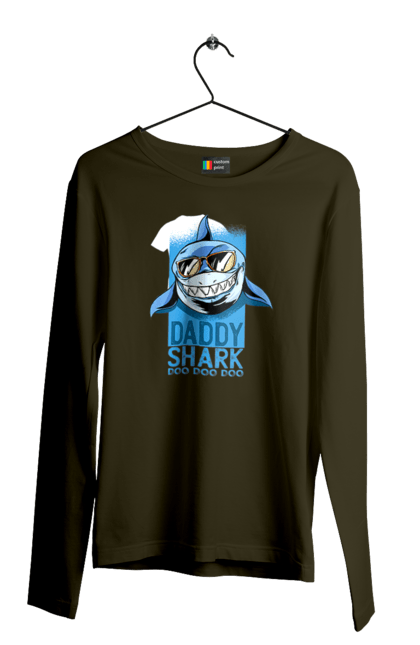 Чоловічій лонгслів з принтом "Daddy Shark". Dad, daddy, батька, батько, батя, день, день батька, зять, коханий чоловік, мужик, папа, папулечка, подарунок, свято, улюблений, чоловік, яжбати. PrintMarket - інтернет-магазин одягу та аксесуарів з принтами плюс конструктор принтів - створи свій унікальний дизайн