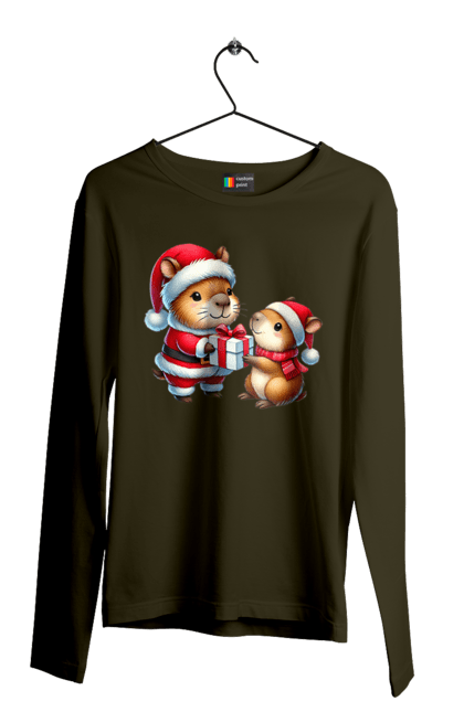 Men's longsleeve with prints Christmas Capybara with a Gift. Animal, capybara, christmas, christmas capybara, gift, holiday, new year, new year`s gift, santa. 2070702