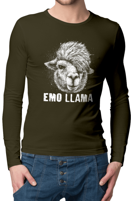 Чоловічій лонгслів з принтом "Емо Лама". Alpaca, animals, distressed, emo, funny, llama, vintage, емо, лама. 2070702