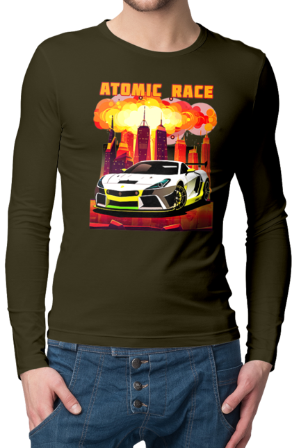 Чоловічий лонгслів з принтом "Атомна гонка". Авто, автомобіль, атомні перегони, гонки, гоночні машини, спортивна машина, спорткар. 2070702