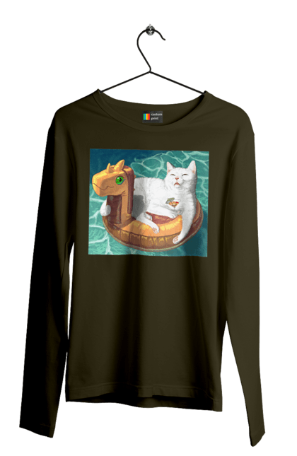 Чоловічий лонгслів з принтом "Білий кіт у плавальному колі, на відпочинку". Басейн, відпочинок, кіт, коктейль, море, плавальний круг. 2070702